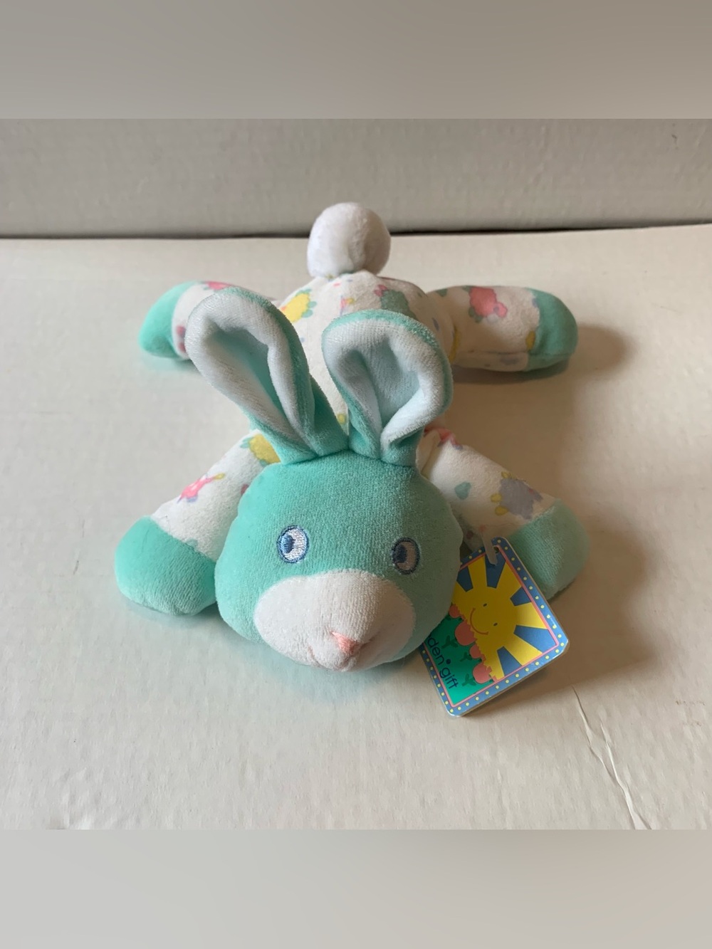 VTG Eden Bunny Teal Blue Velour Rabbit Plush Laying 7" Stuffed Lovey Wearing Pjs